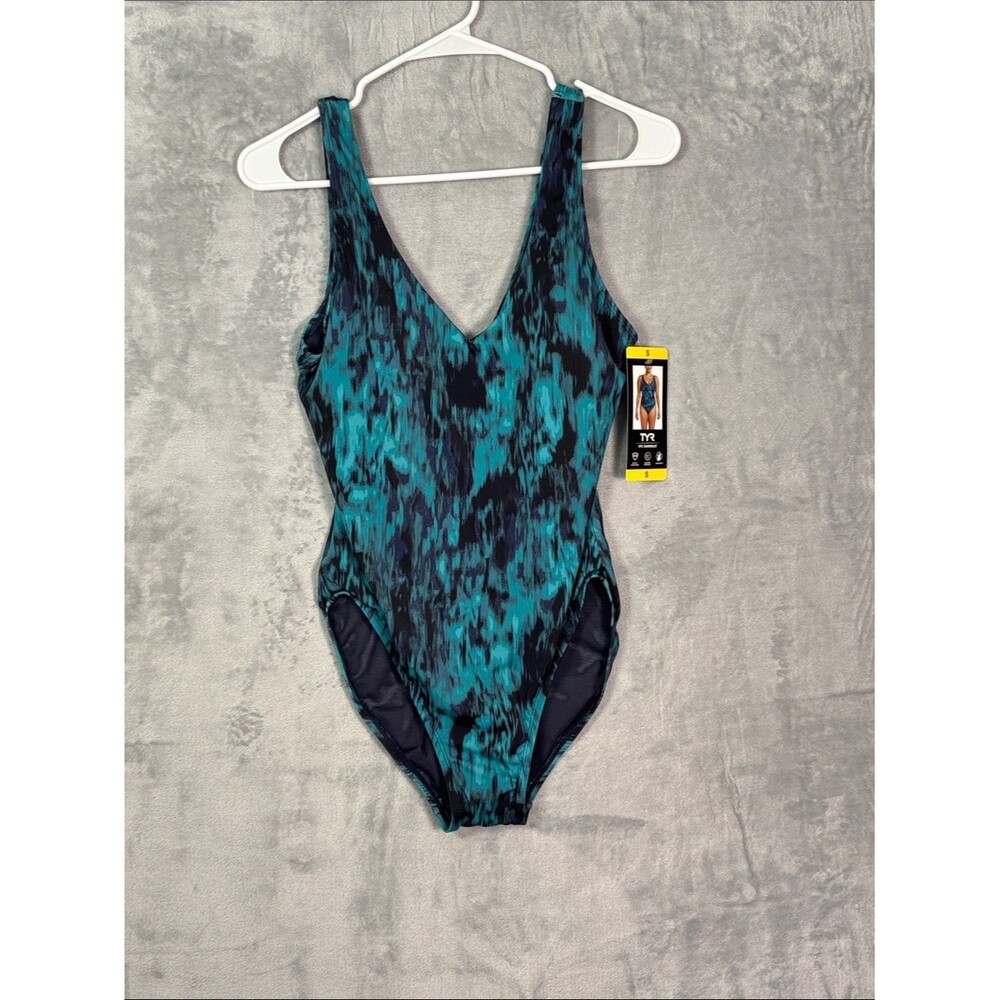 NWT New Tyr Aqua Blue Tye Die One Piece Athletic Swim Suit Size Small